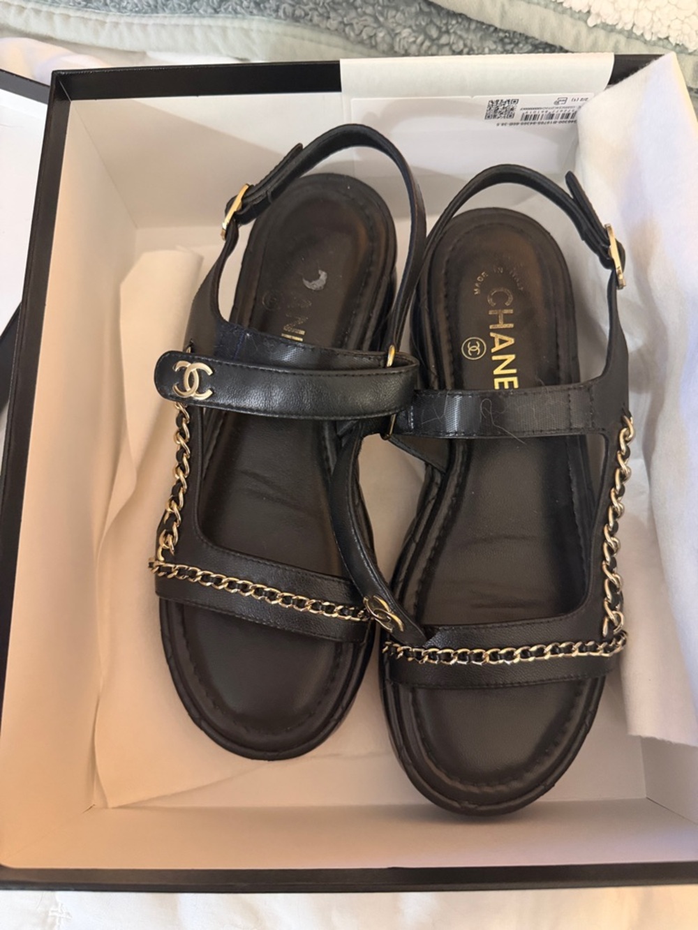 CHANEL Black Leather Slingback Sandals with Gold Chain Trim